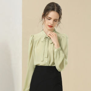 Camisa dulce de manga larga con botones y cuello de lazo para mujer, blusa informal - Product Image 4