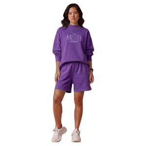 Ensemble deux pièces en molleton pour femme, col montant et short, 100 % coton, tenue décontractée d'hiver, vente en gros - Product Image 1