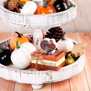 Thanksgiving Decoracion Fall Tiered Tray Decor, 3 Mini Wooden <b>Book</b> Stacks and 1 Wooden Turkey Are Perfect Decorations for Fall - Product Image 5