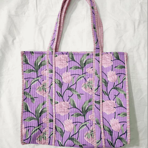 Chic Lavender Floral <b>Quilted</b> Tote Bag - Sustainable Cotton Everyday Carryall - Product Image 1