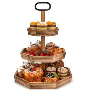 Plateau à étages en bois octogonal vintage, grand panier à fruits à 3 niveaux, organisateur, présentoir décoratif pour desserts, buffet et décoration intérieure - Product Image 1
