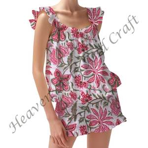 Conjunto de pijama con estampado de bloque de algodón puro para mujer, conjunto de pijama con mangas ajustadas con volantes y tiras florales para Primavera/Verano - Product Image 6