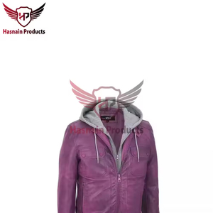 Blouson Bomber Homme en Cuir Véritable Violet avec Capuche Amovible, Bordure en Tricot Côtelé, Style Classique et Chaud pour l'Hiver - Product Image 4