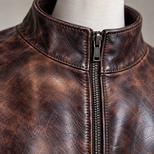 Vintage Brown Leather <b>Jacket</b> <b>Men</b> Stand Collar Zipper Bomber Custom Front Logo Winter Outerwear Waxed Design Waterproof ODM - Product Image 3