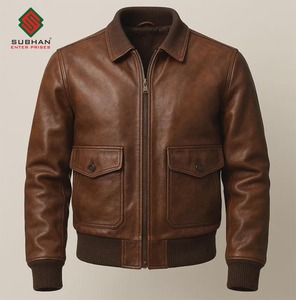 Handmade Synthetic Leather Bomber Jacket-Mandarin Collar Zipper Closure <b>Wool</b> Lining Vintage <b>Brown</b> - Product Image 1