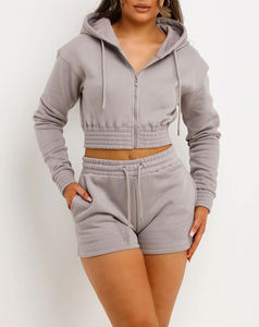 Custom Wholesale Trendy Hot selling Women 2 Piece <b>Hoodie</b> Shorts Set high quality <b>Cropped</b> <b>Zip</b> <b>Up</b> Tracksuit - Product Image 3