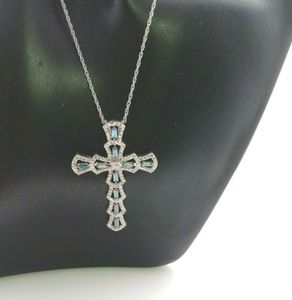 JEWELSPAARK 1.03 Ct Baguette Round Natural White Blue Diamond <b>Cross</b> Sterling Silver Link <b>Chain</b> Religious Pendant Necklace - Product Image 4