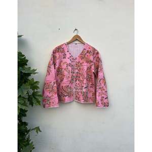 Handmade Reversible <b>Quilted</b> Cotton <b>Jacket</b> Floral <b>Pattern</b> Bridal Coat XL Hooded Outerwear for Ladies Spring Season Stripe - Product Image 1
