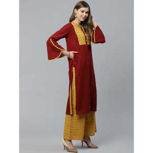 ชุดคุर्ตาผ้าฝ้ายสลับและผ้าแคมบริคทรงตรงปกติสำหรับผู้หญิง พร้อมกางเกงปาลาซโซ สีมารูน ขนาด 46 นิ้ว สวมใส่สบาย - Product Image 3