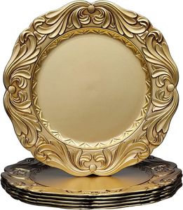 Assiette de présentation en or ornée avec vaisselle métallique ronde et bord floral à défilement en relief pour les repas de luxe et les occasions. - Product Image 3