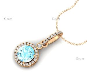 Collier pendentif à breloques solitaire Halo en or rose massif 14 carats avec pierres précieuses aigue-marine cultivées en laboratoire et diamant véritable pour elle - Product Image 5