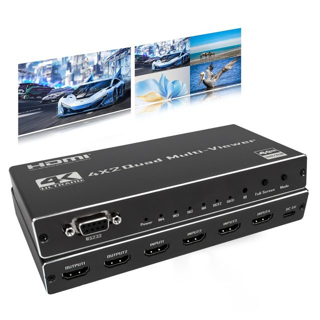 SYONG HDMI Multiviewer 4 in 2 Out,Quad Multi HDMI-Viewer Seamless Switching,4K,9 Viewing Mode,IR Control,for TV,Gaming Console