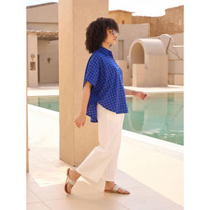 Ladies' <b>Linen</b> Plaid Poncho <b>Shirt</b> & Pant Set-Casual Office Two-Piece Loose Fit - Product Image 5