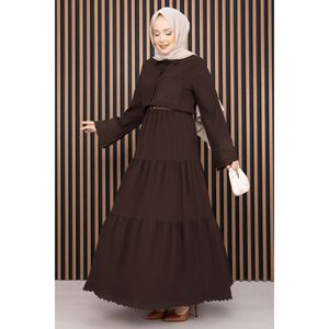 Ensemble deux pièces marron foncé avec chemise et jupe à bordure en dentelle, tissu côtelé, style automne, tailles XS-XL - Product Image 3