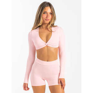 เสื้อครอปแขนยาวสีชมพูสำหรับผู้หญิงเสื้อครอปสำหรับออกกำลังกายฟิตเนสแบบผูกเป็นปม - Product Image 1