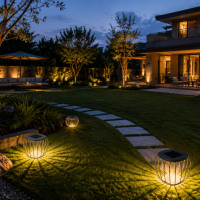 Lampes solaires de jardin LED IP65 à haute conversion et forme unique, blanc chaud, étanches pour l'aménagement paysager extérieur et les pelouses.