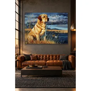 Impression sur toile de Fida, le Labrador jaune attendant près d'un lac agité - Product Image 1