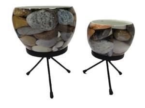 Jardinière en métal blanc avec motif floral bleu et support trépied, pot de plante décoratif pour la maison, l'hôtel, le bureau, le salon - Product Image 5