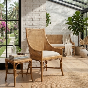 Natural <b>High</b> <b>Back</b> Woven Rattan Dining Armchair Cushioned Seat Light Brown Outdoor Patio <b>Garden</b> <b>Chair</b> Setup Art Design Decor - Product Image 4