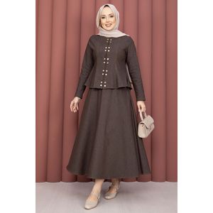 Ensemble deux pièces en denim Tencel pour femme, couleur café, avec boutons pression dorés - Product Image 1