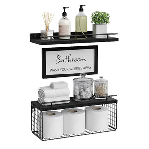 Lot de 3 étagères murales de salle de bain en bois et fer de ferme au-dessus des toilettes avec panier de rangement en papier pour le salon - Product Image 1