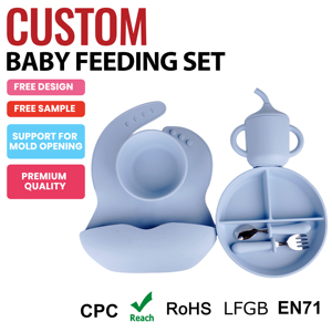 Ensemble d'alimentation pour bébé 5 pièces en silicone de qualité alimentaire non toxique, assiette, bavoir, bol, cuillère, fourchette, <span class=keywords><strong>tasse</strong></span>, écologique, réutilisable, FDA/LFGB - Product Image 1