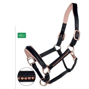 Cabestro de caballo de cuero forrado de cuarzo rosa con cierre rápido de cuero suave y herrajes de oro rosa - Product Image 1