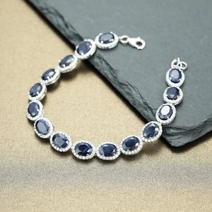 Bracelet Tennis Saphir Bleu Plaqué Rhodium Argent Sterling 925 Design Unique Bijoux Cadeau Femme avec Pierre Saphir - Product Image 3
