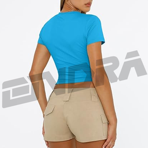 Haut décontracté pour femme, col rond, manches courtes, double doublure, coupe ajustée, coton extensible, pour un port quotidien estival, confort, mode, styles ux - Product Image 5