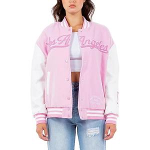 Pink White Varsity <b>Jacket</b> With Los Angeles <b>Glitter</b> Print Front Chain Embroidery Adult Unisex Sportswear - Product Image 1