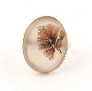 Bague Cabochon ovale en Agate dendritique naturelle, anneau ravissant plaqué or, ouvert et réglable, cadeau pour mère - Product Image 3