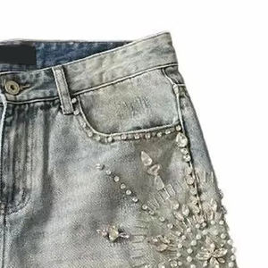 Venta al por mayor mejores pantalones cortos de mezclilla con logotipo bordado Casual Vintage lavado desgastado Denim rhinestone corto - Product Image 4
