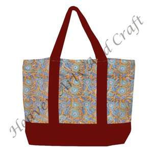Sac fourre-tout en toile imprimé à la main avec poignée bordeaux, design floral multi-main, durable, deux bretelles, vente en gros BHCB021 - Product Image 2