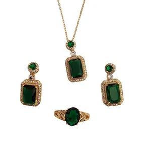 2022 Fine Jewelry 3Pcs/Set Green Rhinestone Crystal Ring Necklace 925 Sterling Silver Emerald Earrings Necklace Set