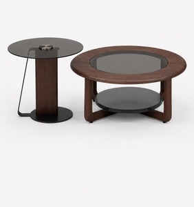 Juego de Mesa de Centro Moderna de Madera con Tapa Redonda de Vidrio, Mesa de Té para Sala de Estar, Muebles para el Hogar, Duradera y Fácil de Limpiar - Product Image 1