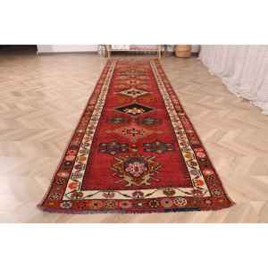 Vintage Rug, <b>Runner</b> 3.1x11.8 ft Rug, Herki <b>Red</b> Moroccan Rug - Product Image 2
