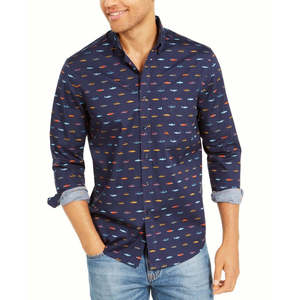 Camicia da Uomo Elasticizzata con Stampa di Pesci, Vestibilità Regolare, Tessuto Popeline, Taglia Small, Blu - Product Image 1