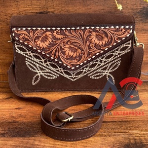 Custom Modern Design Hand Tooled Boot Stitch Genuine Suede Leather Crossbody Flap Bags for Women Cowhide Floral Portable Handbag - Product Image 1