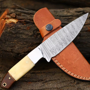 Cuchillo de caza de hoja fija de Damasco con Funda de cuero, mango de hueso de camello, estilo vaquero compatible con OEM para cazar, acampar al aire libre - Product Image 1