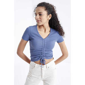 Camiseta Corta de Mujer Tommylife Wholesale Petroleum Gathered Detail con Cuello en V - 97205 - OIL - Product Image 3