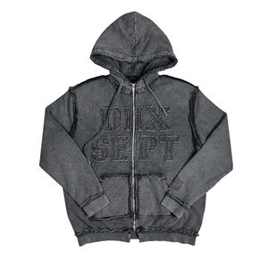 Custom Acid Wash Zip-Up Hoodie Sweat <b>Pants</b> Set 100% Cotton Distressed Embroidery Raw Edge Patch Tracksuit OEM Service Available - Product Image 2