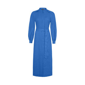 Vestido de Lino con Cuello Mandarín Color Índigo y Cintura Natural - Product Image 1