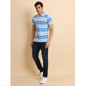 T-shirt à manches courtes à col polo à rayures classiques Tendance et confortable Tenue décontractée 100% coton en Irisblue pour toutes les occasions - Product Image 1