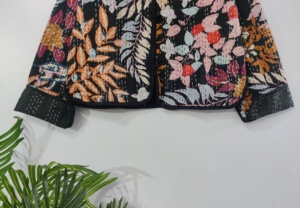 Handmade <b>Kantha</b> Cotton <b>Jacket</b> with Embroidery Reversible Short Winter Coat with Floral Print for Women - Product Image 4