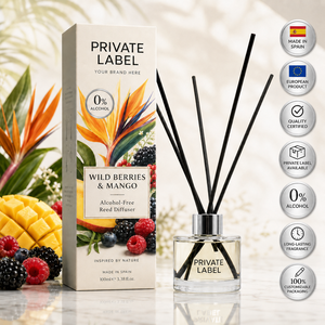 Diffuseur de parfum botanique aux baies sauvages et mangue, marque privée, 100 ml, OEM |   Parfum d'ambiance Mikado sans alcool |   Espagne UE - Product Image 1