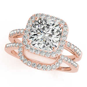 Cushion Cut 1.67ct <b>Diamond</b> Halo Bridal Set in 14k Rose Gold Square Shape <b>Diamond</b> <b>Rings</b> - Product Image 2