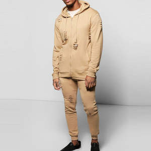 Conjunto Deportivo Informal para Hombre, Sudadera con Capucha y Pantalones Deportivos, Estilo Desgastado, Color Bronceado, Ropa Deportiva Personalizada al por Mayor - Product Image 1