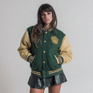 Chaqueta Universitaria de Lana con Bordado OEM para Mujer, Chaqueta Universitaria de Manga de Cuero Estilo Urbano, Chaqueta Bomber con Cuello Redondo para Mujer - Product Image 1