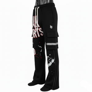 Premium Cotton Polyester Fleece <b>Black</b> Flare Pant Soft Brushed <b>Fabric</b> Cargo Panel Screen Print Custom Logo Flare Men's Pants - Product Image 4