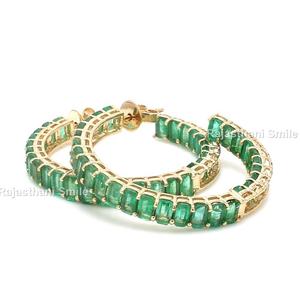 14K or jaune massif élégant à la mode boucles d'oreilles créoles IGI certifié émeraude coupe pierre précieuse 5x3mm griffe réglage boîte à bijoux femmes - Product Image 2